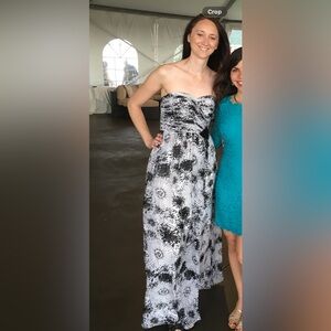 WHBM Lovely maxi black and white floral strapless event dress